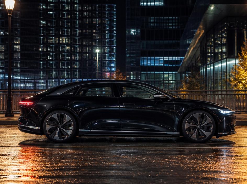Midnight black Lucid Air on an urban street at night
