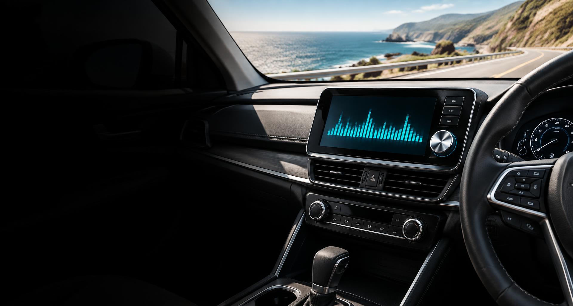 Satellite-compatible car radio with audio display overlooking a coastal road